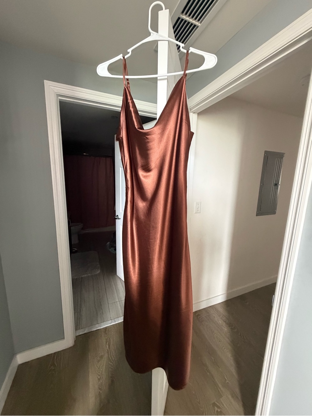 Copper Satin Slip Midi Dress with Cowl Neck